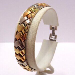 JCM STAINLESS STEEL TRI-COLOR TONE MENS BASKET WEAVE PATTERN 8 INCH BRACELET